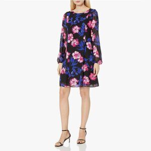 Nine West Long Sheer Sleeve Black Floral Shift Dress 6